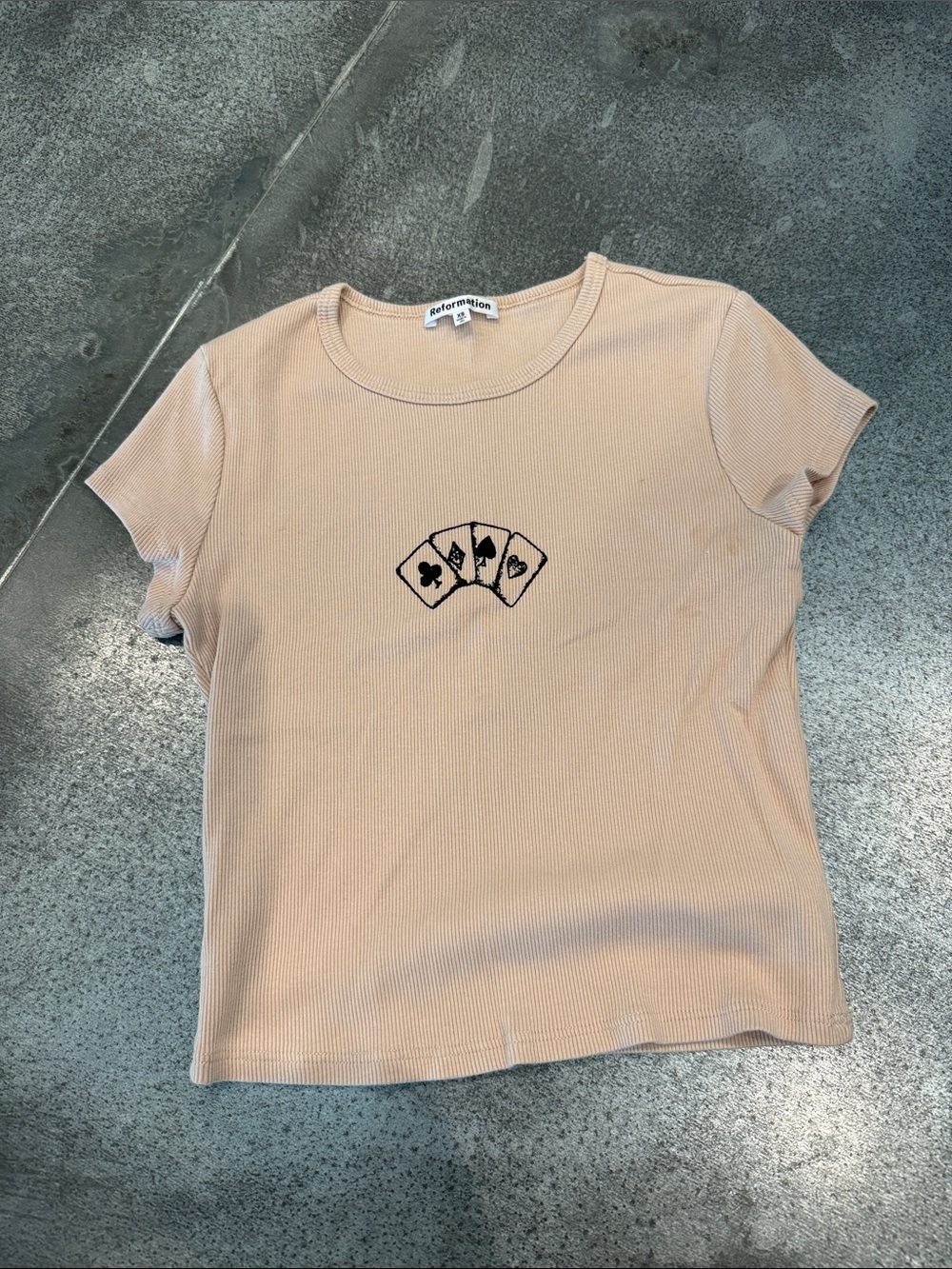 Reformation Beige Ribbed Short Sleeve Tee with Card Suit Motif